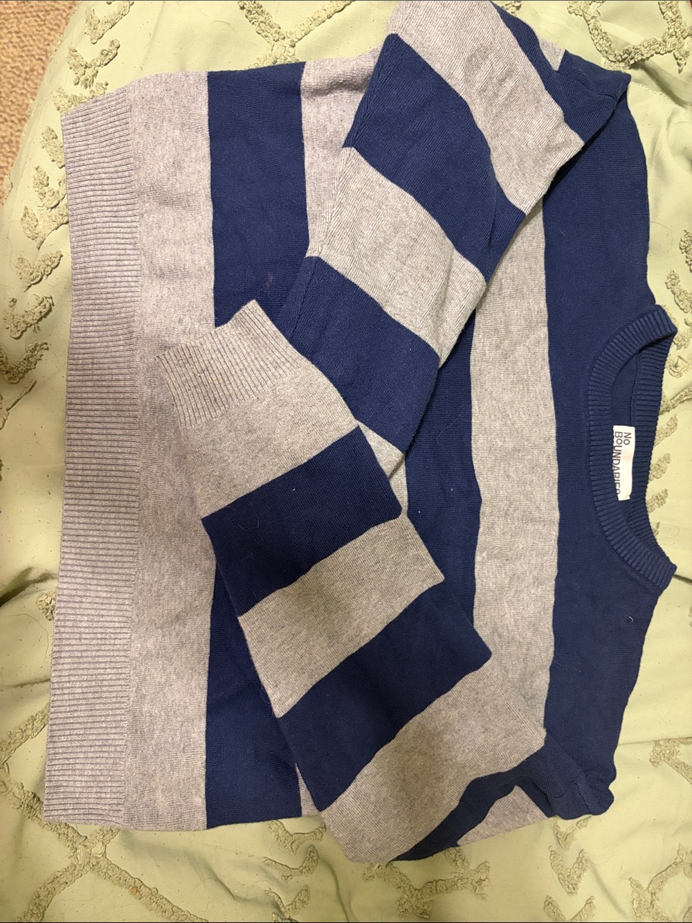 No Boundaries Women's Striped Crewneck Sweater in Navy and Light Gray